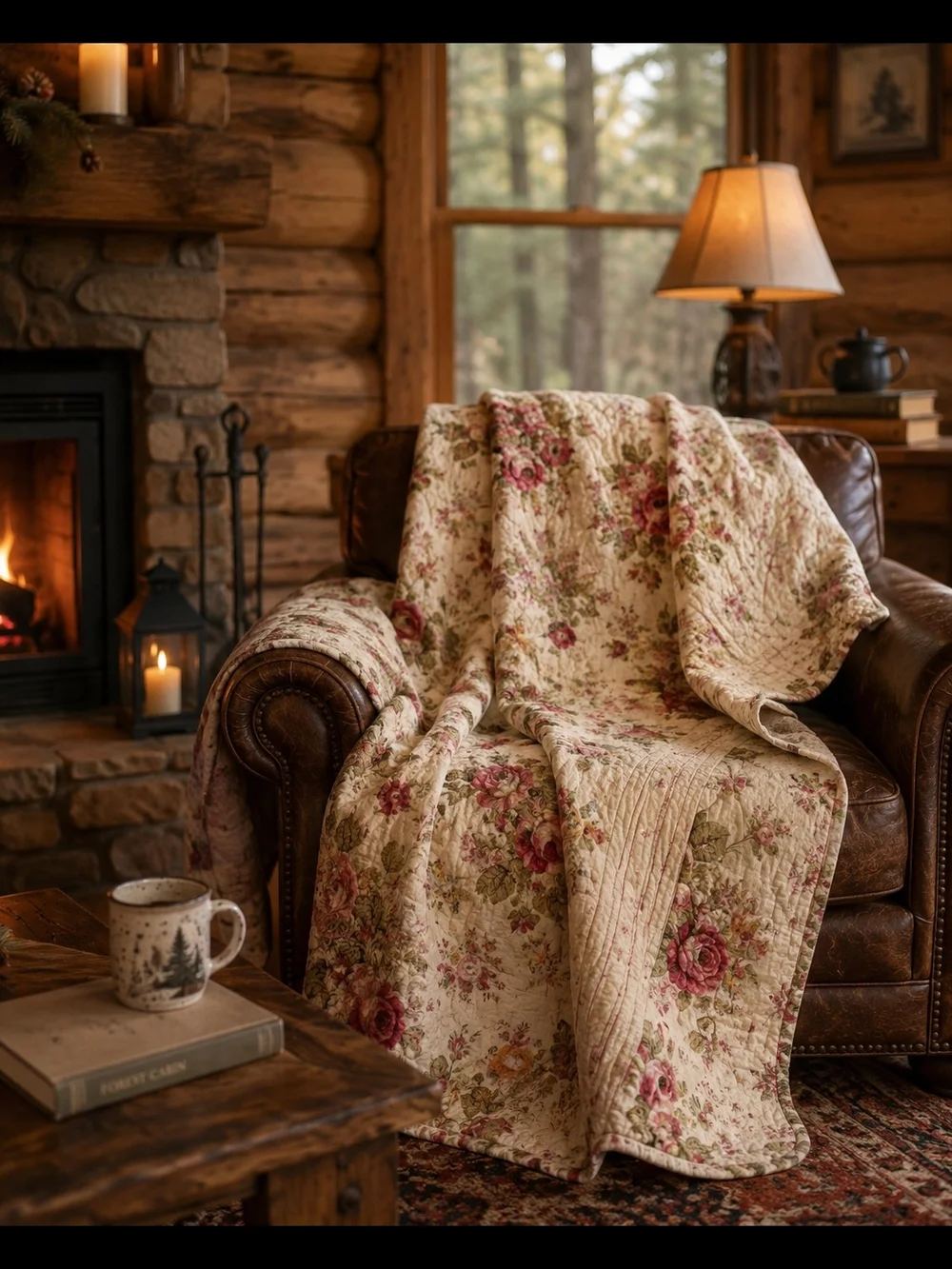 Floral Quilted Throw Blanket - Cream with Rose Accents